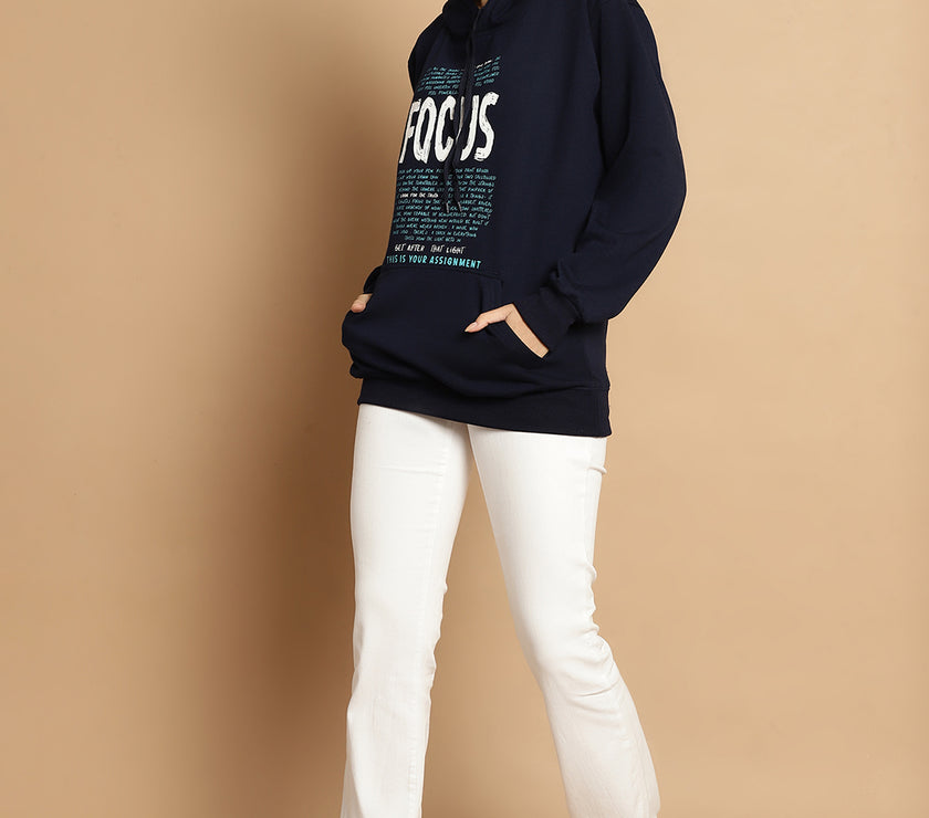 Mack Jonney Navy Blue Printed Hooded Cotton Fleece Sweatshirt for Women