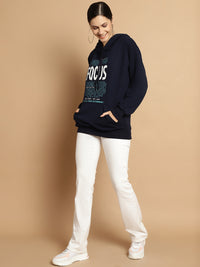 Mack Jonney Navy Blue Printed Hooded Cotton Fleece Sweatshirt for Women