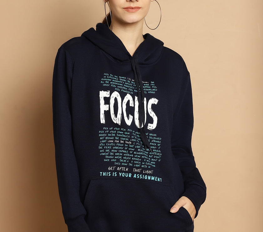 Mack Jonney Navy Blue Printed Hooded Cotton Fleece Sweatshirt for Women