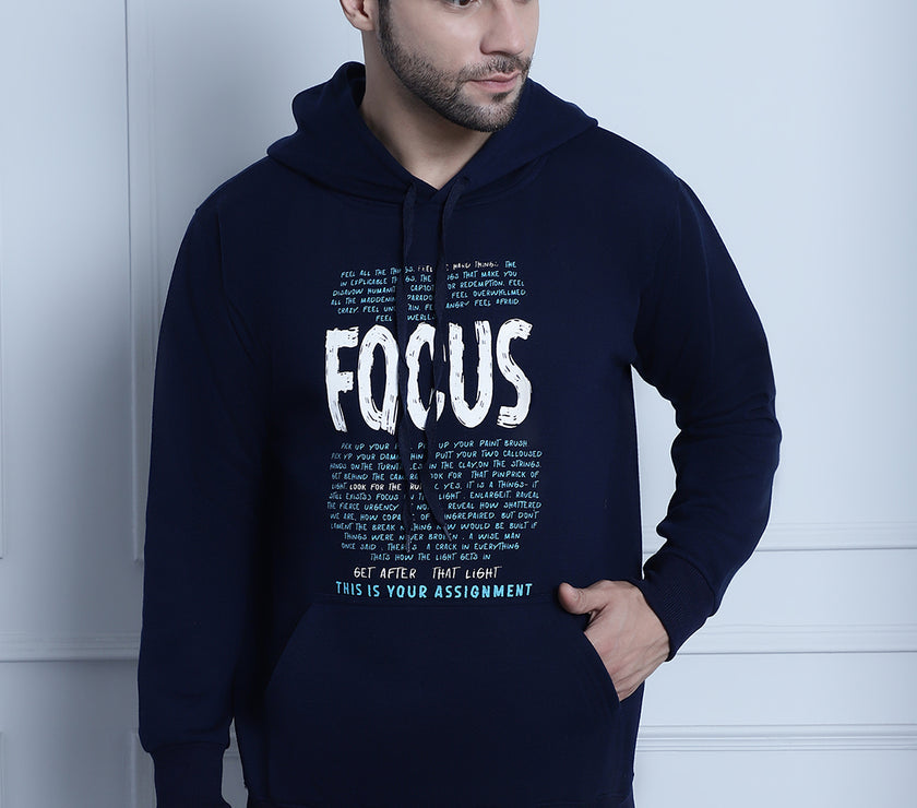 Mack Jonney Navy Blue Printed Hooded Cotton Fleece Sweatshirt for Men