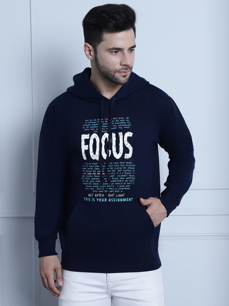 Mack Jonney Navy Blue Printed Hooded Cotton Fleece Sweatshirt for Men