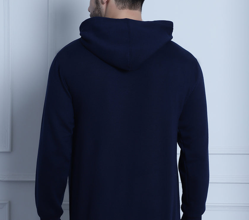 Mack Jonney Navy Blue Printed Hooded Cotton Fleece Sweatshirt for Men