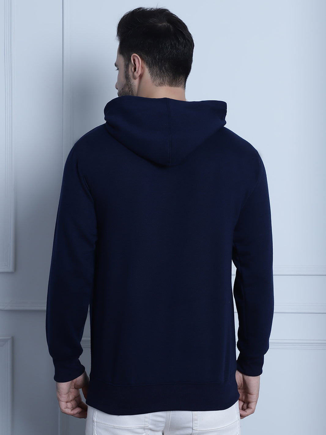 Mack Jonney Navy Blue Printed Hooded Cotton Fleece Sweatshirt for Men