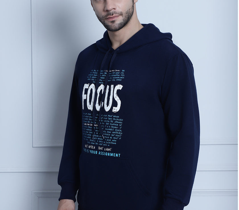 Mack Jonney Navy Blue Printed Hooded Cotton Fleece Sweatshirt for Men
