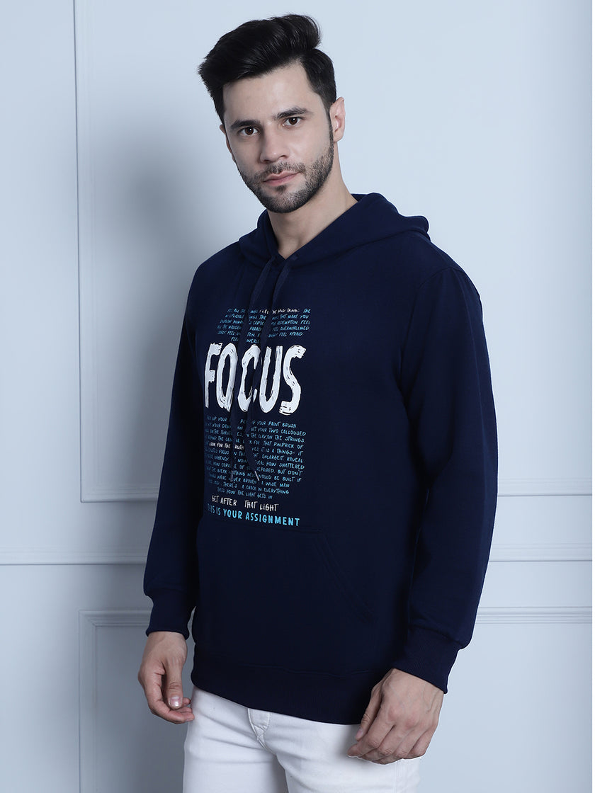 Mack Jonney Navy Blue Printed Hooded Cotton Fleece Sweatshirt for Men