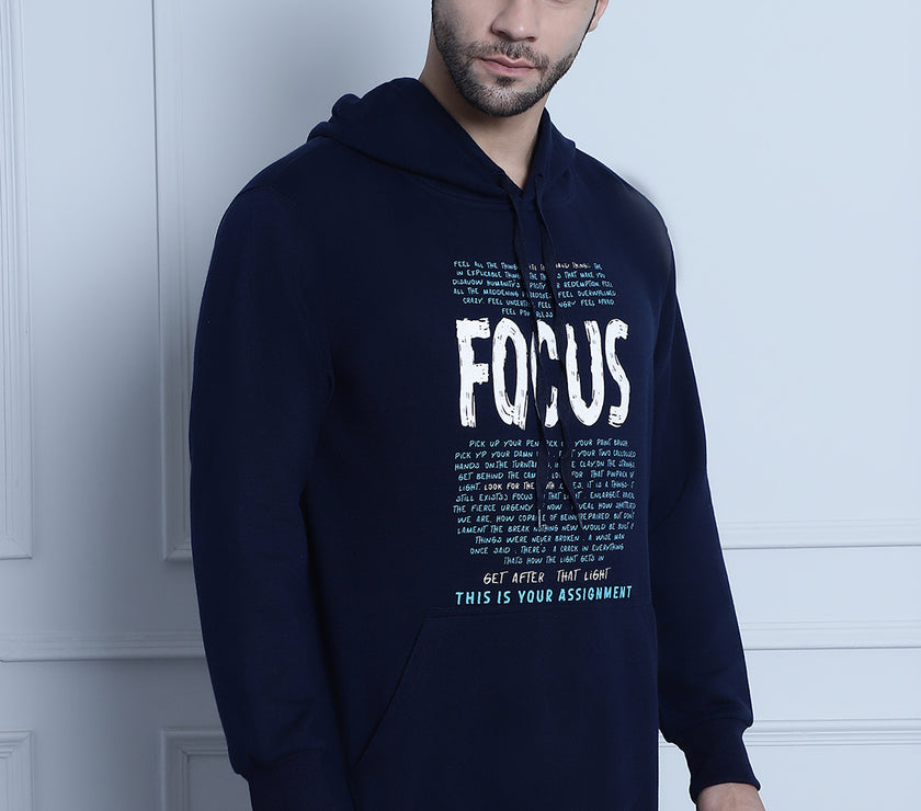 Mack Jonney Navy Blue Printed Hooded Cotton Fleece Sweatshirt for Men