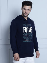 Mack Jonney Navy Blue Printed Hooded Cotton Fleece Sweatshirt for Men