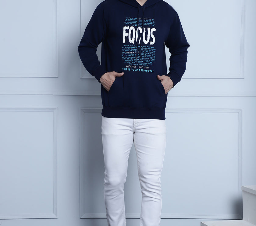 Mack Jonney Navy Blue Printed Hooded Cotton Fleece Sweatshirt for Men