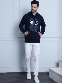 Mack Jonney Navy Blue Printed Hooded Cotton Fleece Sweatshirt for Men