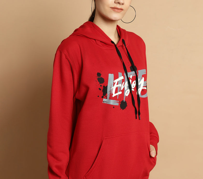 Mack Jonney Maroon Printed Hooded Cotton Fleece Sweatshirt for Women