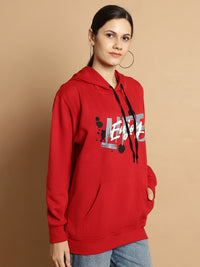 Mack Jonney Maroon Printed Hooded Cotton Fleece Sweatshirt for Women