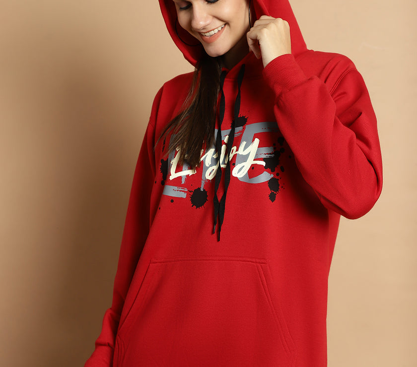 Mack Jonney Maroon Printed Hooded Cotton Fleece Sweatshirt for Women