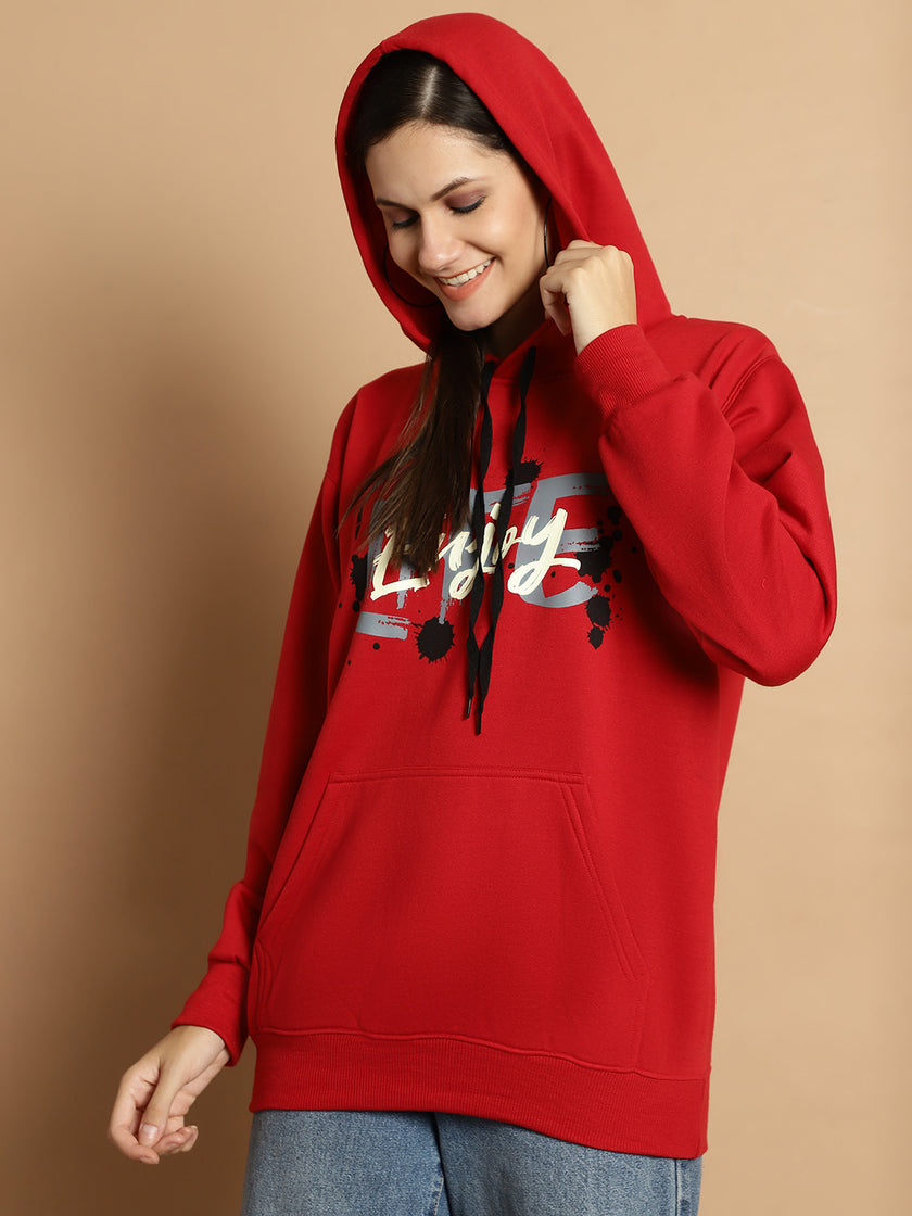 Mack Jonney Maroon Printed Hooded Cotton Fleece Sweatshirt for Women
