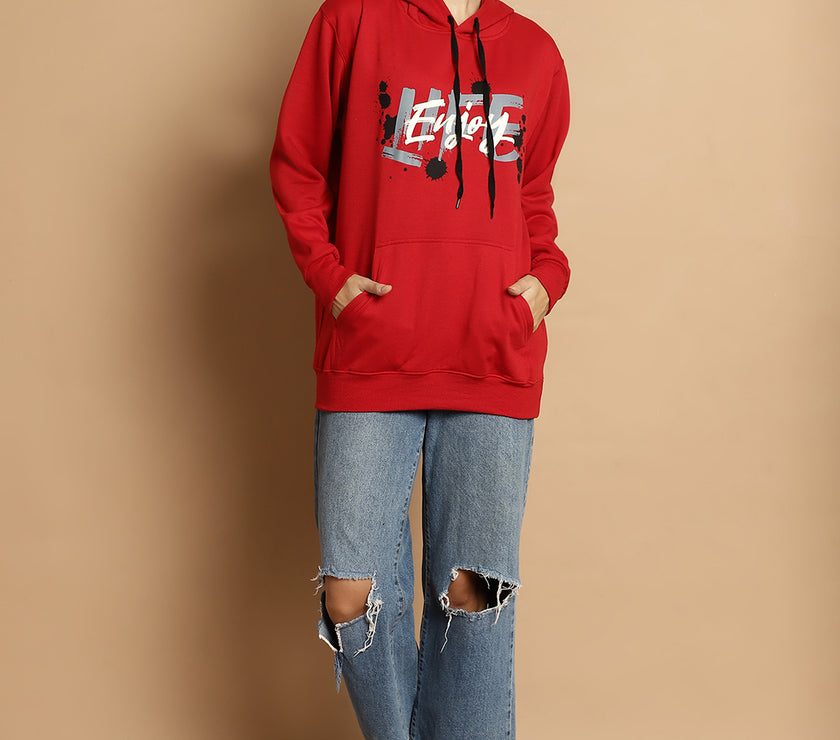 Mack Jonney Maroon Printed Hooded Cotton Fleece Sweatshirt for Women