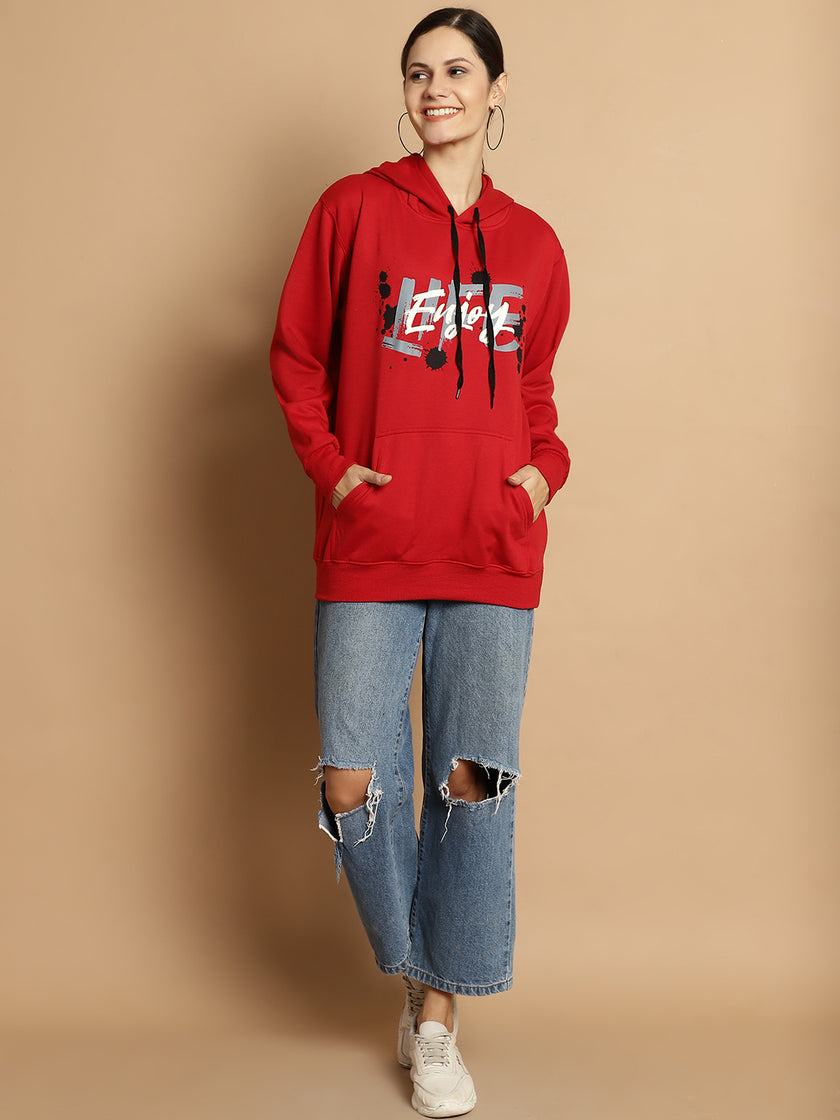 Mack Jonney Maroon Printed Hooded Cotton Fleece Sweatshirt for Women