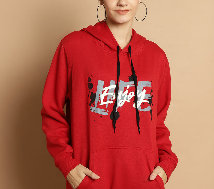 Mack Jonney Maroon Printed Hooded Cotton Fleece Sweatshirt for Women