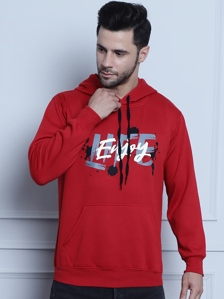 Mack Jonney Maroon Printed Hooded Cotton Fleece Sweatshirt for Men