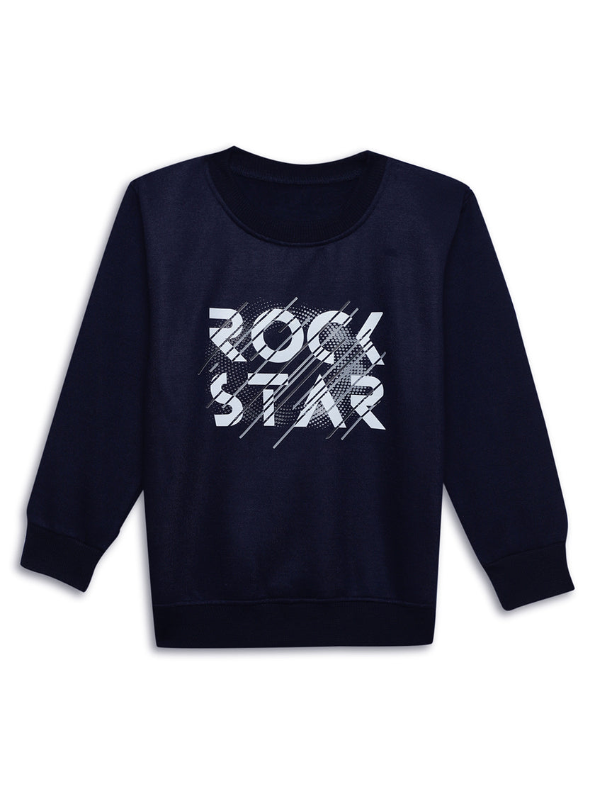 Mack Jonney Navy Blue Printed Round Neck Cotton Fleece Sweatshirt for Kids