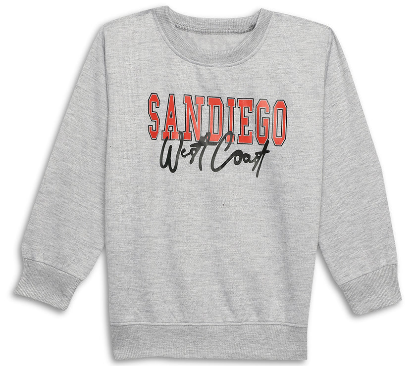 Mack Jonney Grey Melange Printed Round Neck Cotton Fleece Sweatshirt for Kids