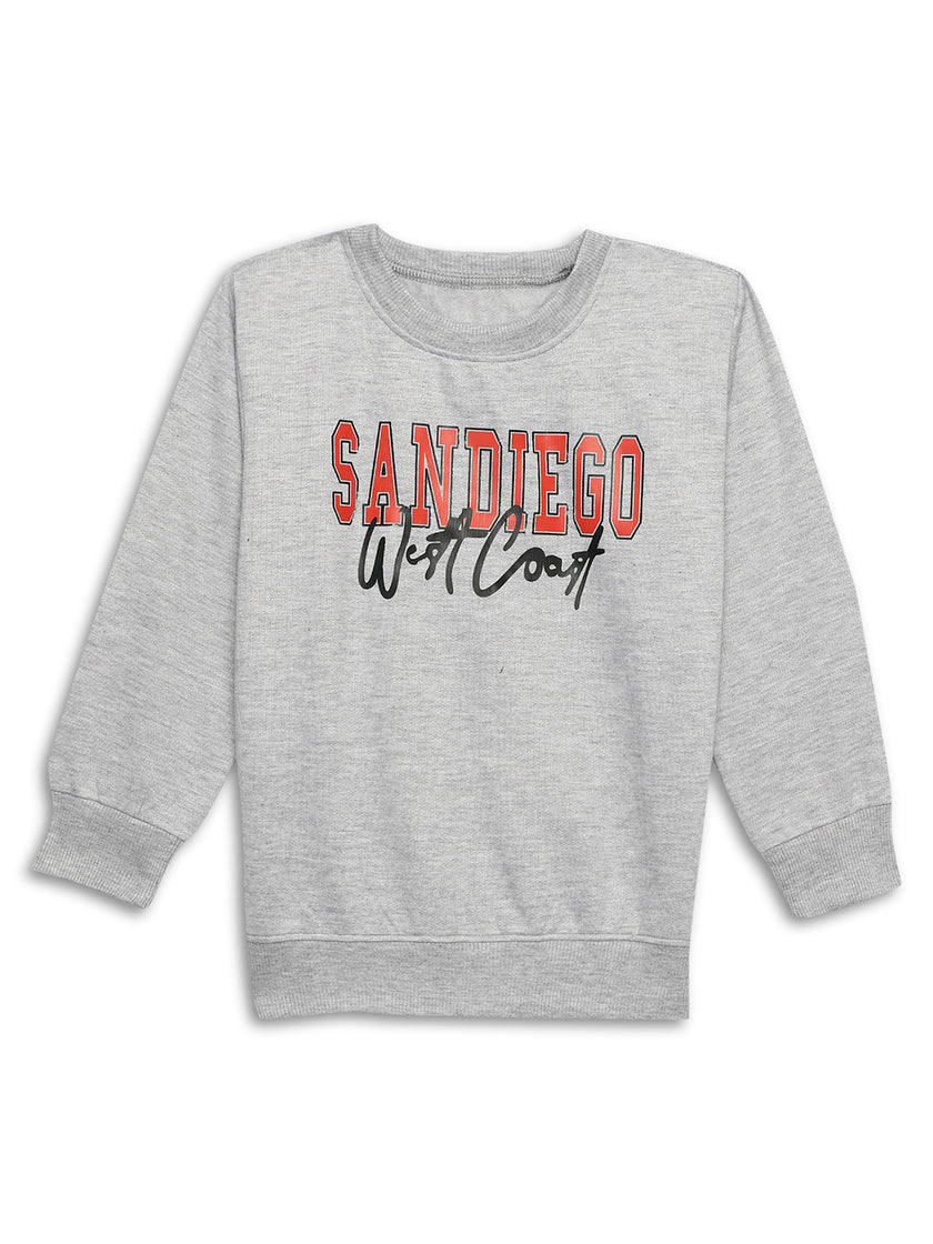 Mack Jonney Grey Melange Printed Round Neck Cotton Fleece Sweatshirt for Kids