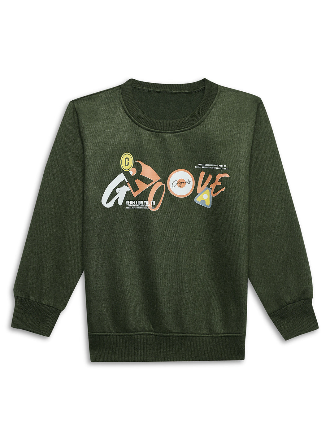 Mack Jonney Olive Printed Round Neck Cotton Fleece Sweatshirt for Kids