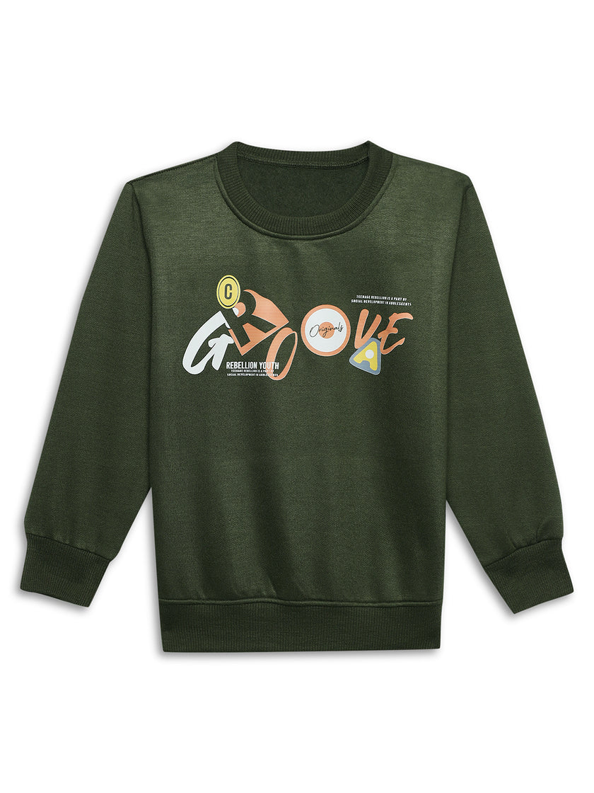 Mack Jonney Olive Printed Round Neck Cotton Fleece Sweatshirt for Kids