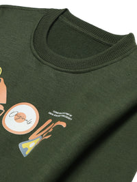 Mack Jonney Olive Printed Round Neck Cotton Fleece Sweatshirt for Kids