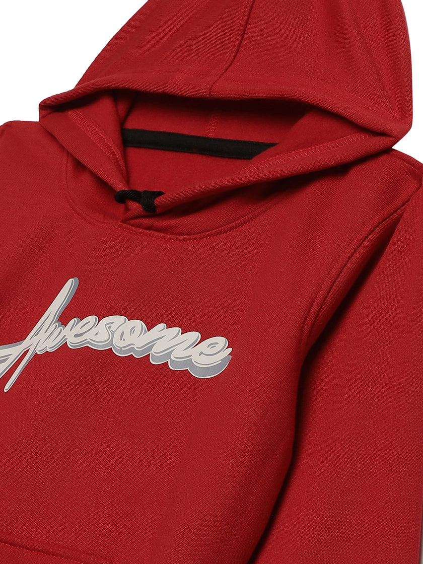 Mack Jonney Maroon Printed Hooded Cotton Fleece Sweatshirt for Kids