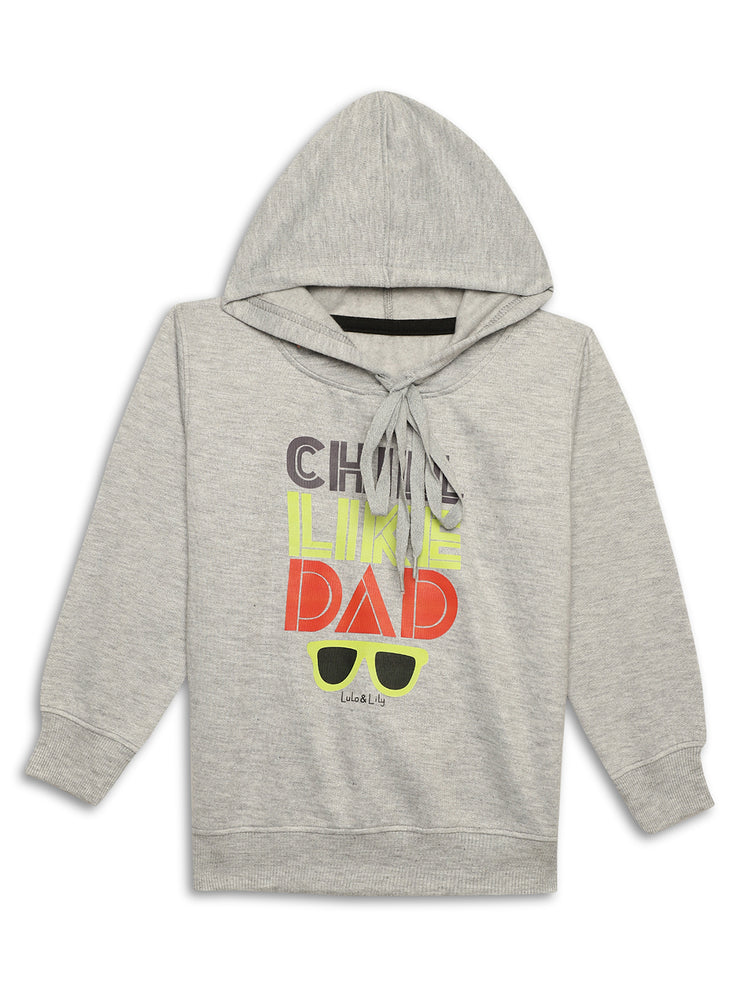 Mack Jonney Grey Melange Printed Hooded Cotton Fleece Sweatshirt for Kids