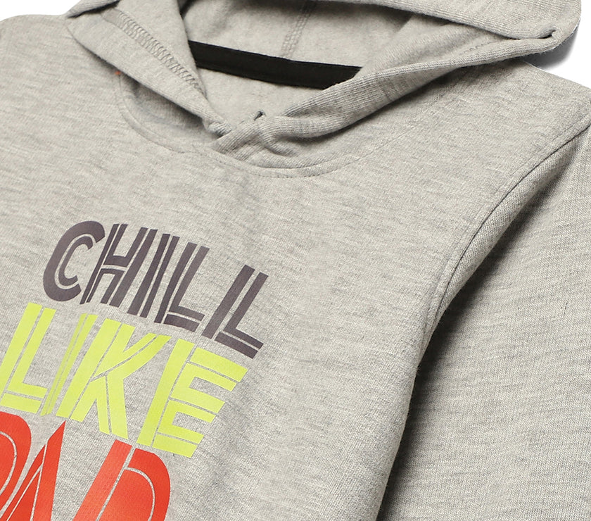 Mack Jonney Grey Melange Printed Hooded Cotton Fleece Sweatshirt for Kids
