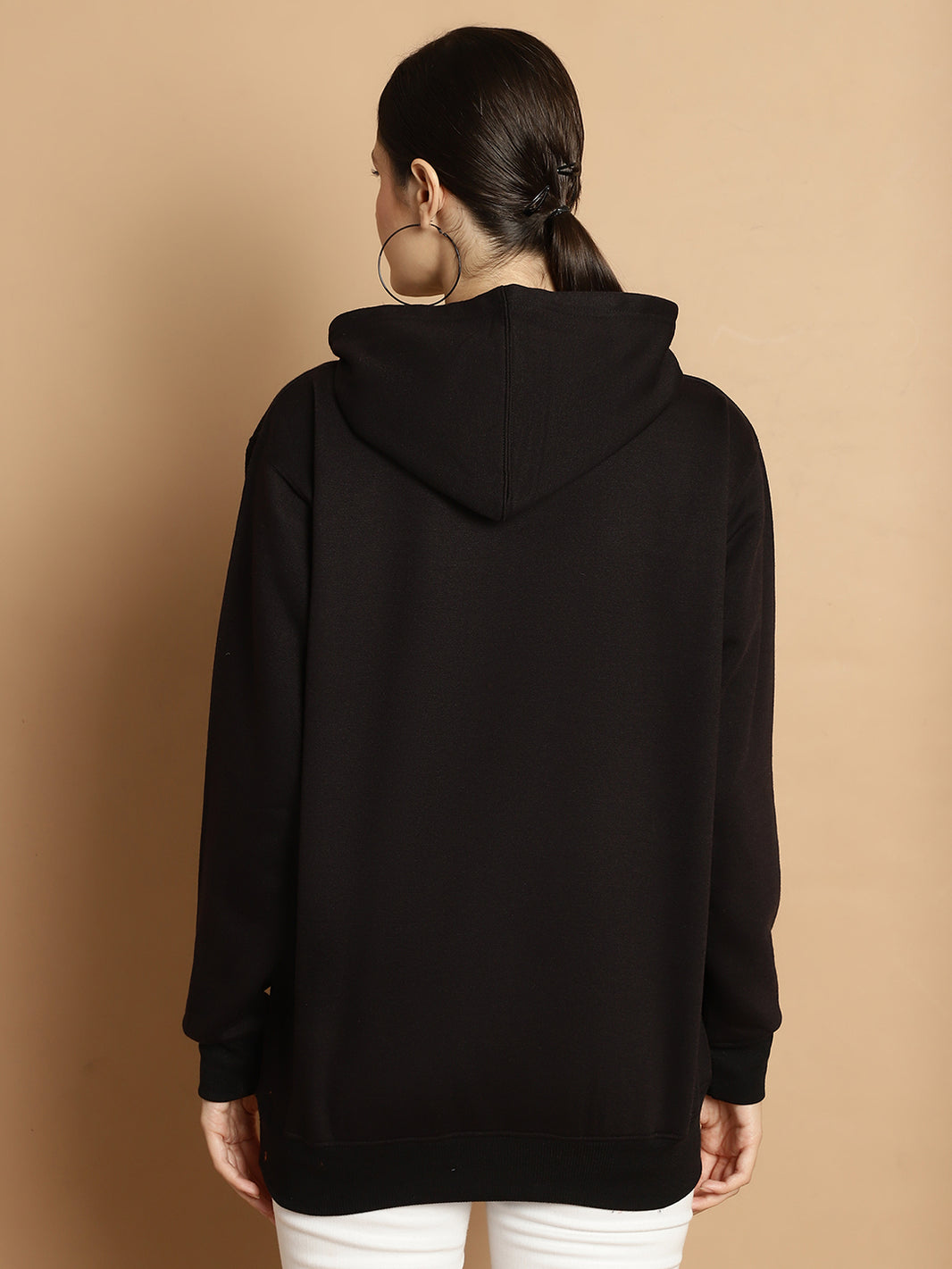 Mack Jonney Black Solid Hooded Cotton Fleece Sweatshirt for Women