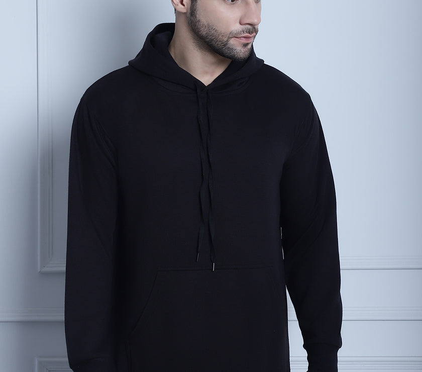 Mack Jonney Black Solid Hooded Cotton Fleece Sweatshirt for Men
