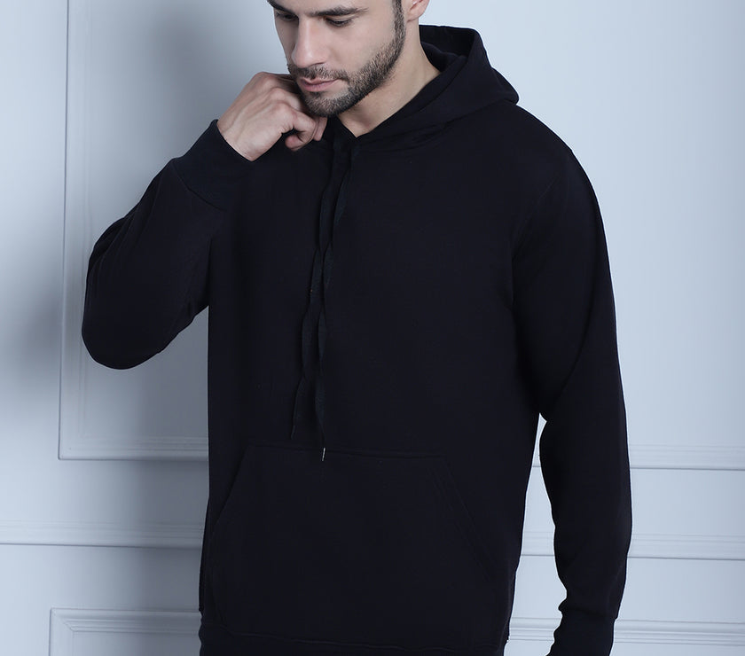 Mack Jonney Black Solid Hooded Cotton Fleece Sweatshirt for Men