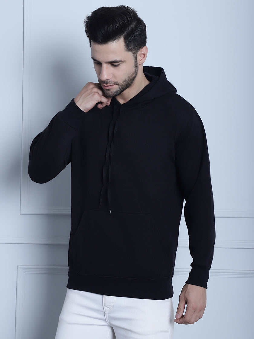 Mack Jonney Black Solid Hooded Cotton Fleece Sweatshirt for Men