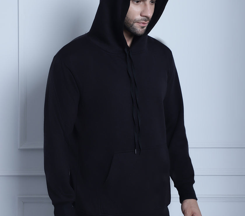 Mack Jonney Black Solid Hooded Cotton Fleece Sweatshirt for Men