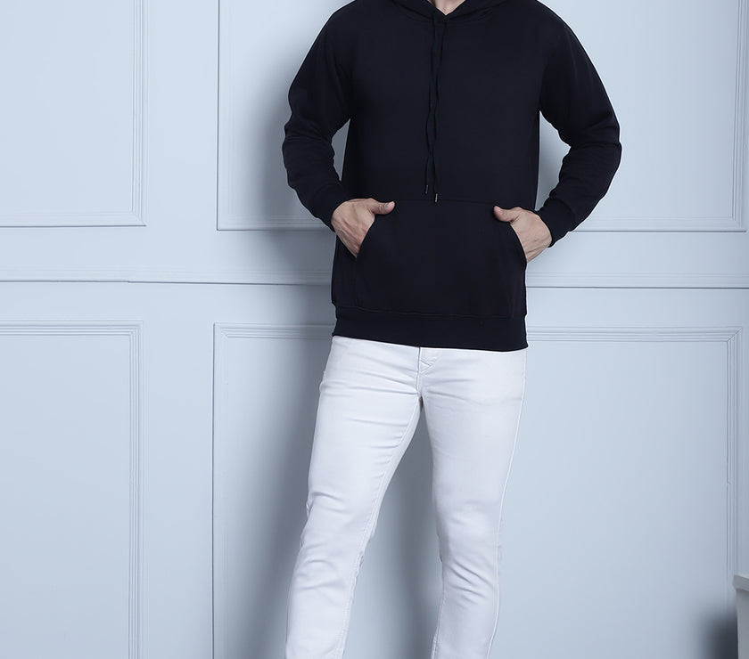 Mack Jonney Black Solid Hooded Cotton Fleece Sweatshirt for Men