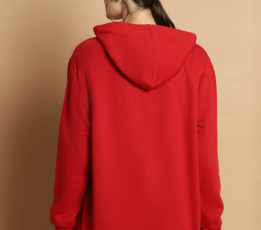 Mack Jonney Maroon Solid Hooded Cotton Fleece Sweatshirt for Women