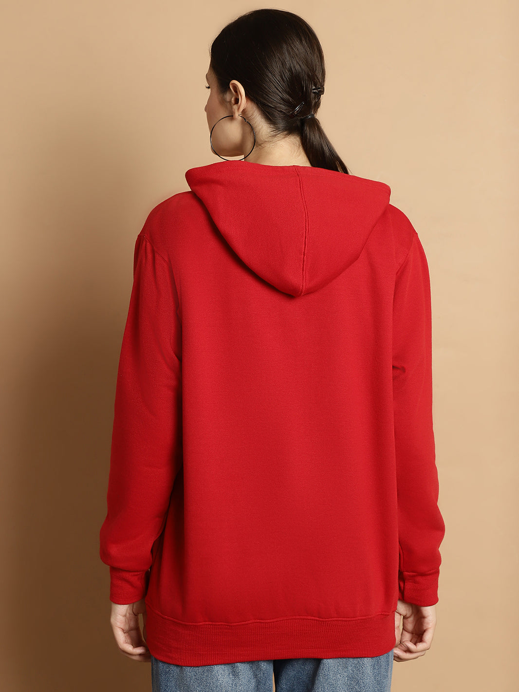 Mack Jonney Maroon Solid Hooded Cotton Fleece Sweatshirt for Women