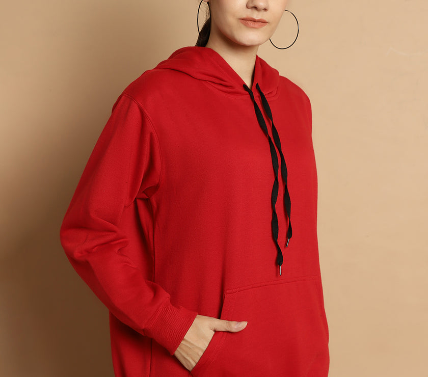 Mack Jonney Maroon Solid Hooded Cotton Fleece Sweatshirt for Women