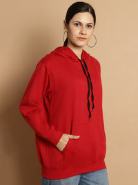 Mack Jonney Maroon Solid Hooded Cotton Fleece Sweatshirt for Women