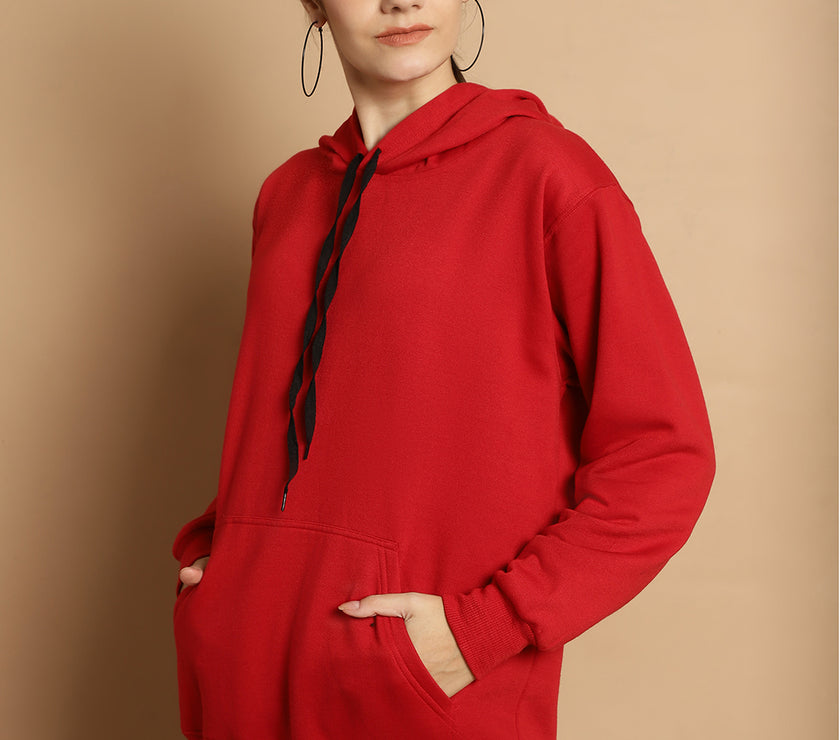 Mack Jonney Maroon Solid Hooded Cotton Fleece Sweatshirt for Women