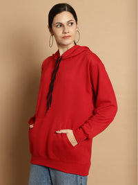 Mack Jonney Maroon Solid Hooded Cotton Fleece Sweatshirt for Women