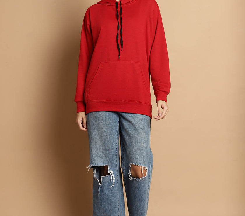 Mack Jonney Maroon Solid Hooded Cotton Fleece Sweatshirt for Women