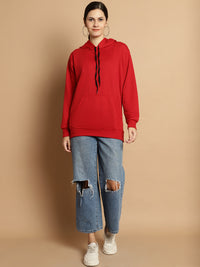 Mack Jonney Maroon Solid Hooded Cotton Fleece Sweatshirt for Women