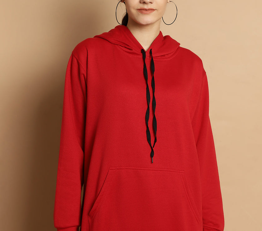Mack Jonney Maroon Solid Hooded Cotton Fleece Sweatshirt for Women