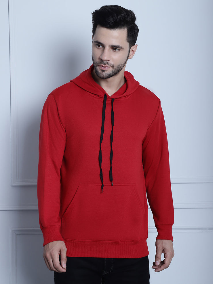 Mack Jonney Maroon Solid Hooded Cotton Fleece Sweatshirt for Men