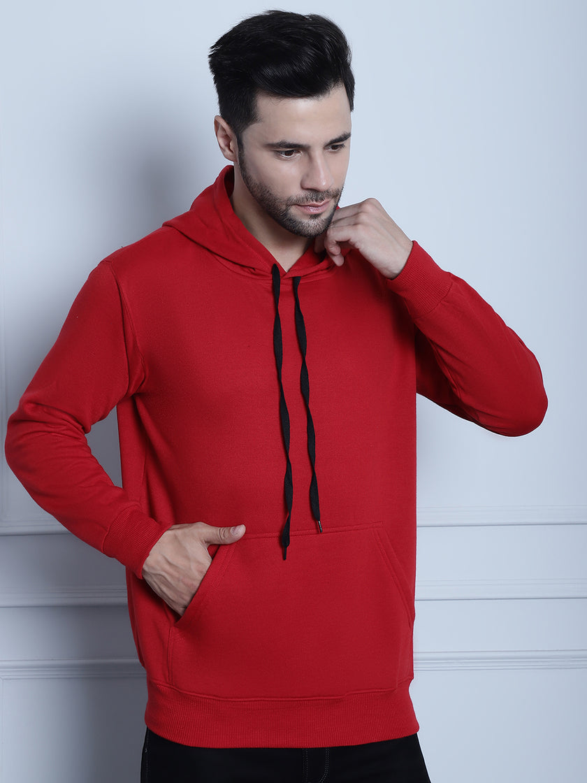 Mack Jonney Maroon Solid Hooded Cotton Fleece Sweatshirt for Men