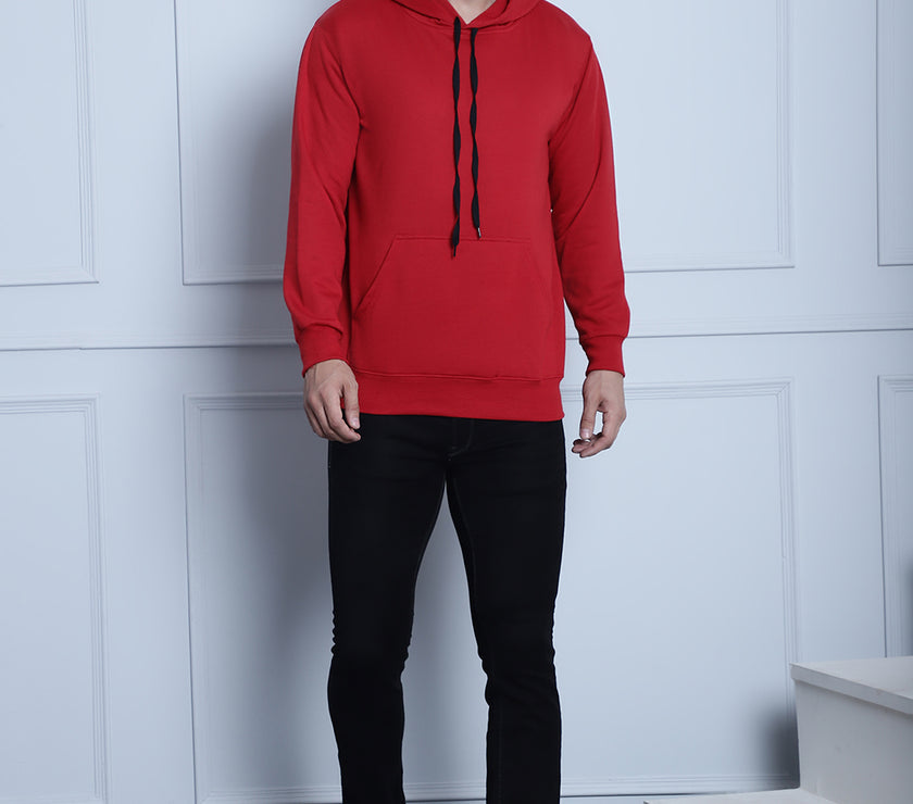 Mack Jonney Maroon Solid Hooded Cotton Fleece Sweatshirt for Men