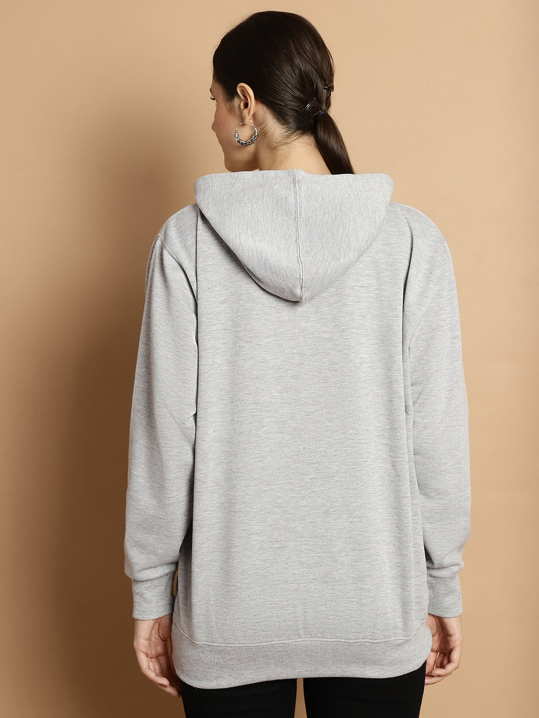 Mack Jonney Grey Melange Solid Hooded Cotton Fleece Sweatshirt for Women