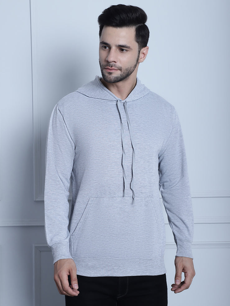 Mack Jonney Grey Melange Solid Hooded Cotton Fleece Sweatshirt for Men